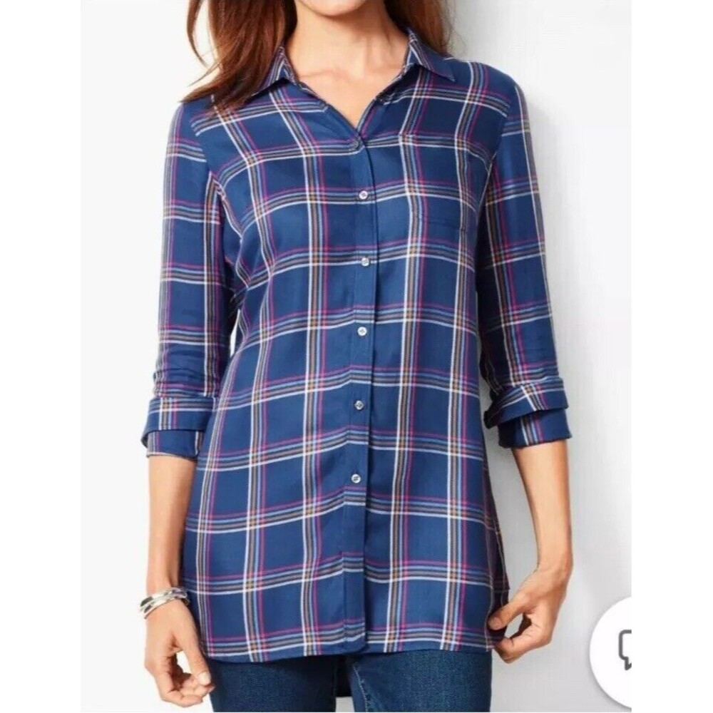 Talbots Large Blue Buckingham Plaid Long Sleeve Button Front Collared Shirt